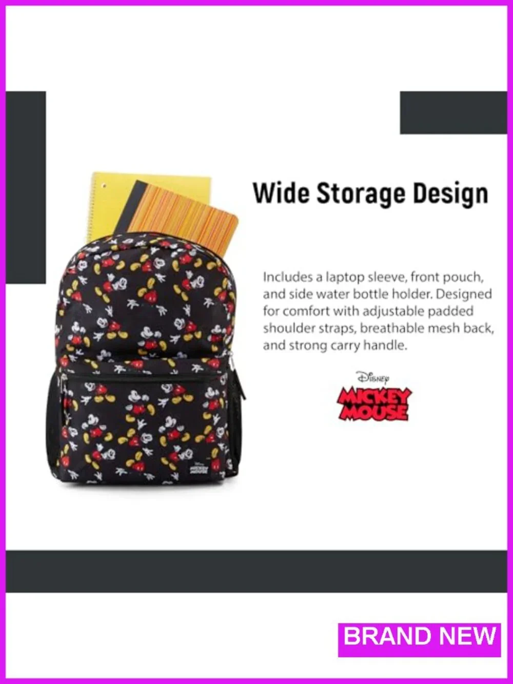 Mickey Mouse Bookbag Backpack - Durable Polyester, Adjustable Padded Straps,